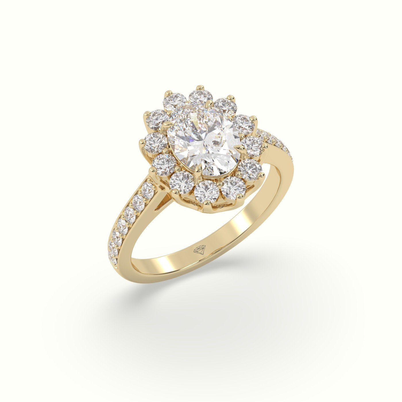 18K Yellow Gold Oval Cut Diamond Halo Engagement Ring with Pavé-Set Diamond Band