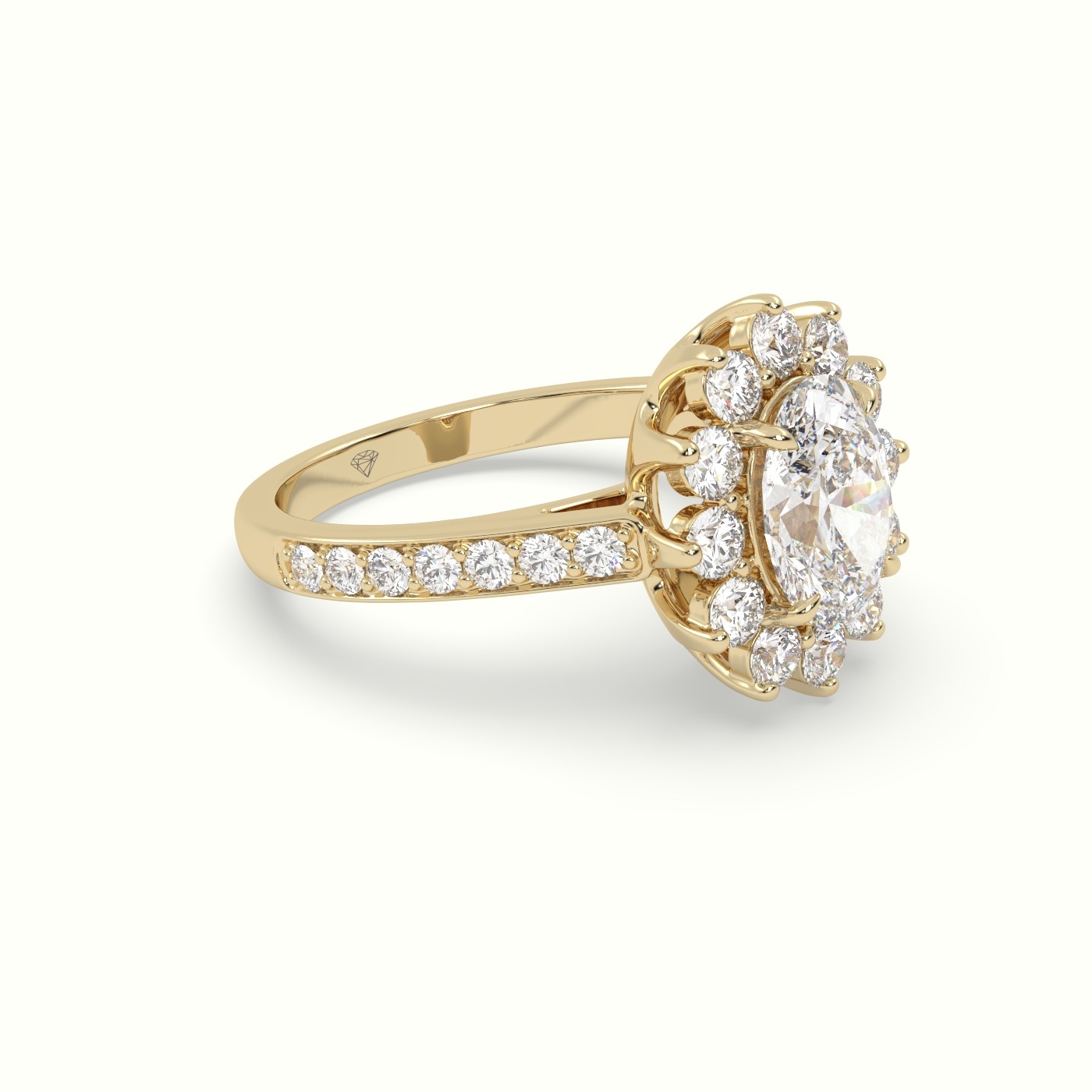 18K Yellow Gold Oval Cut Diamond Halo Engagement Ring with Pavé-Set Diamond Band