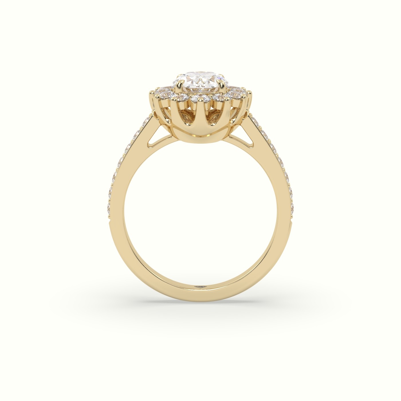 18K Yellow Gold Oval Cut Diamond Halo Engagement Ring with Pavé-Set Diamond Band