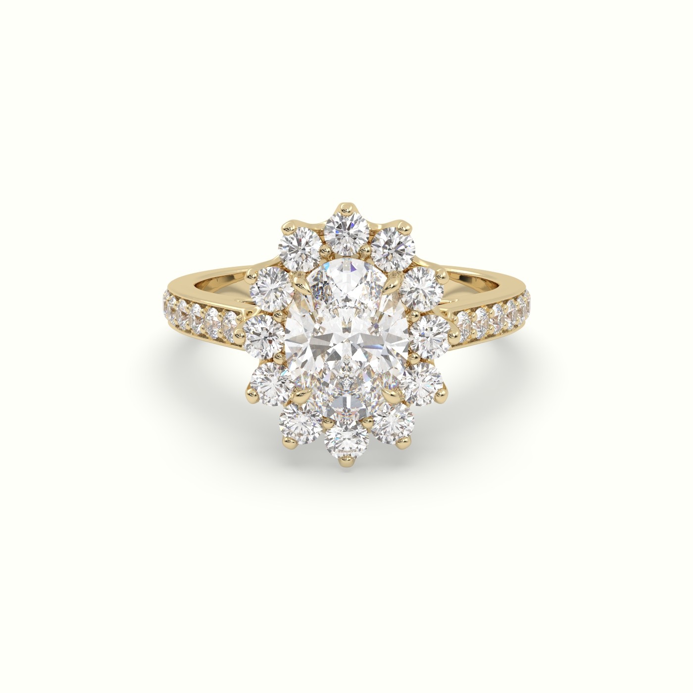 18K Yellow Gold Oval Cut Diamond Halo Engagement Ring with Pavé-Set Diamond Band
