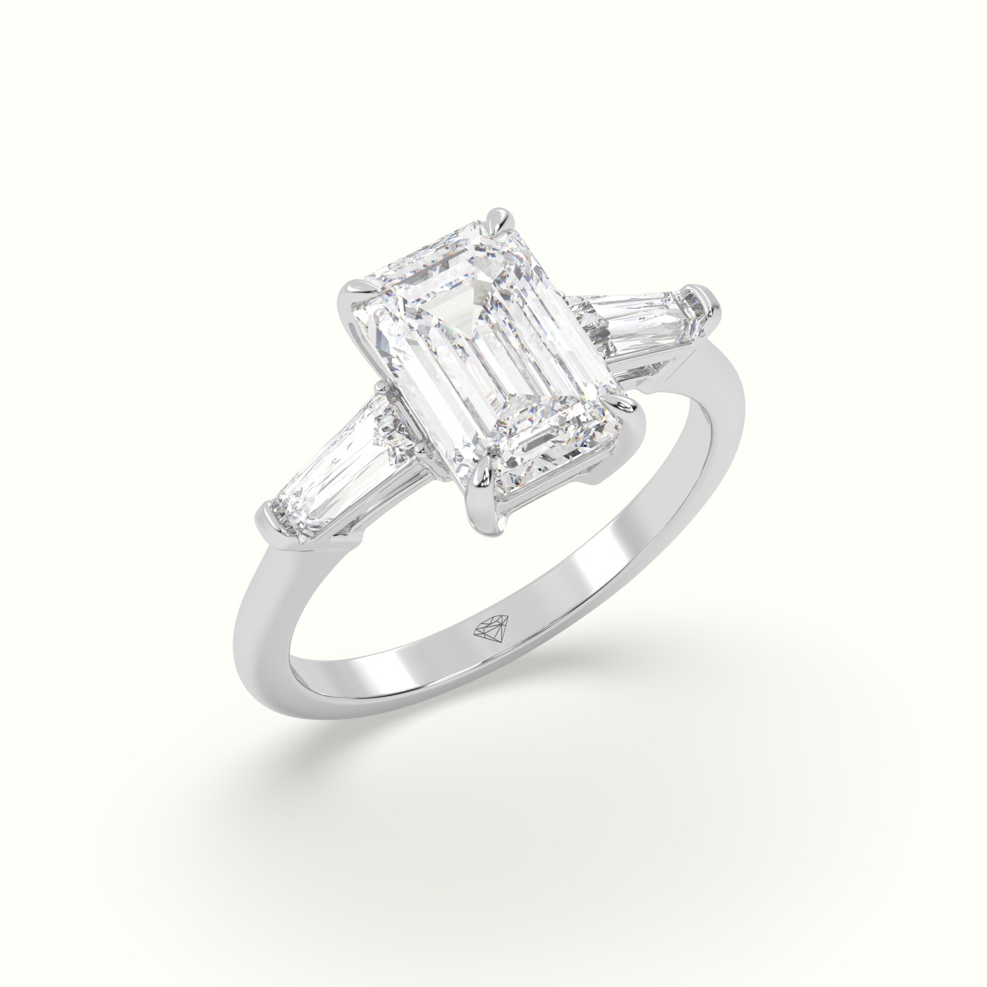 18K White Gold Emerald Cut Diamond Trilogy Engagement Ring