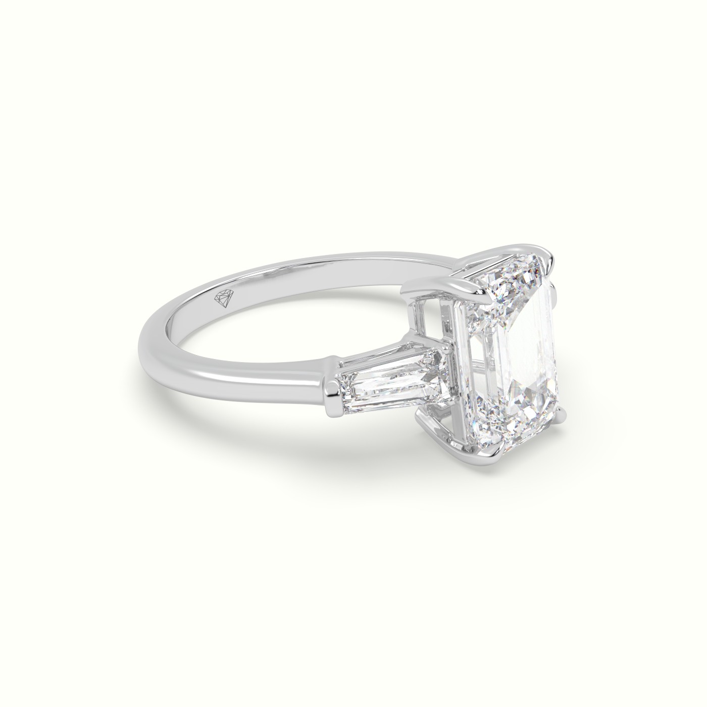 18K White Gold Emerald Cut Diamond Trilogy Engagement Ring