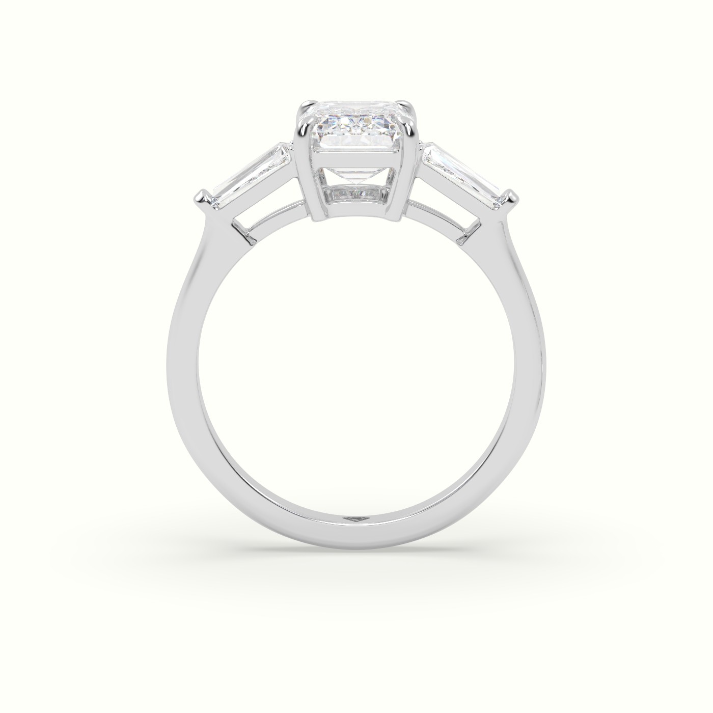18K White Gold Emerald Cut Diamond Trilogy Engagement Ring