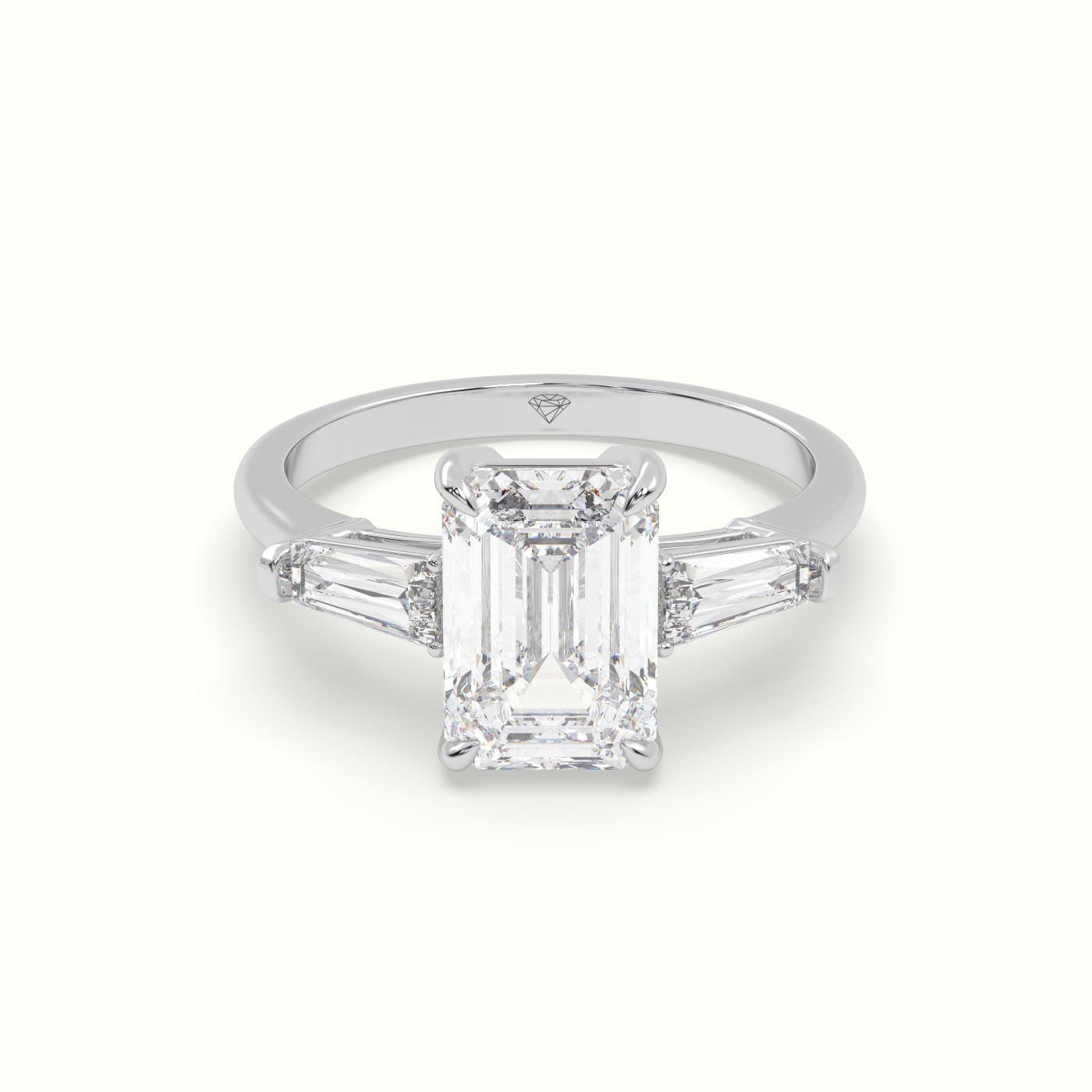 18K White Gold Emerald Cut Diamond Trilogy Engagement Ring