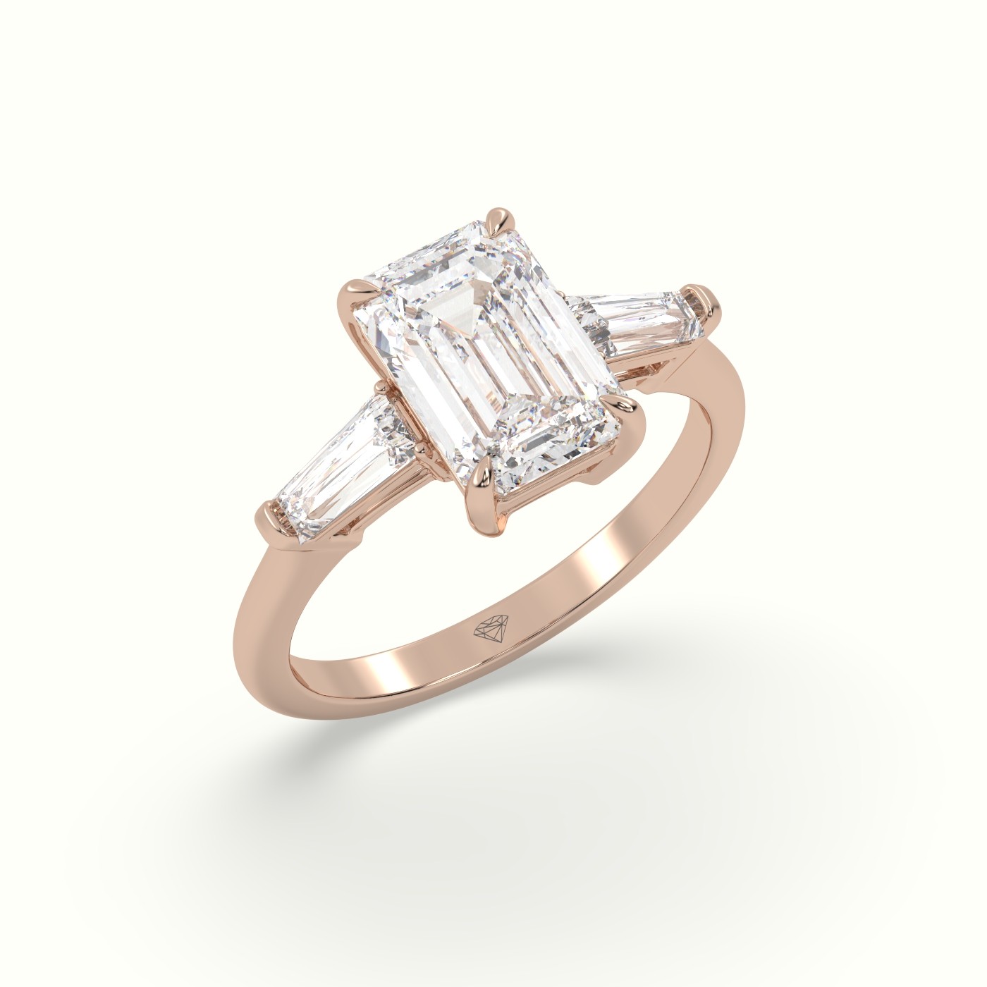 18K Rose Gold Emerald Cut Diamond Trilogy Engagement Ring