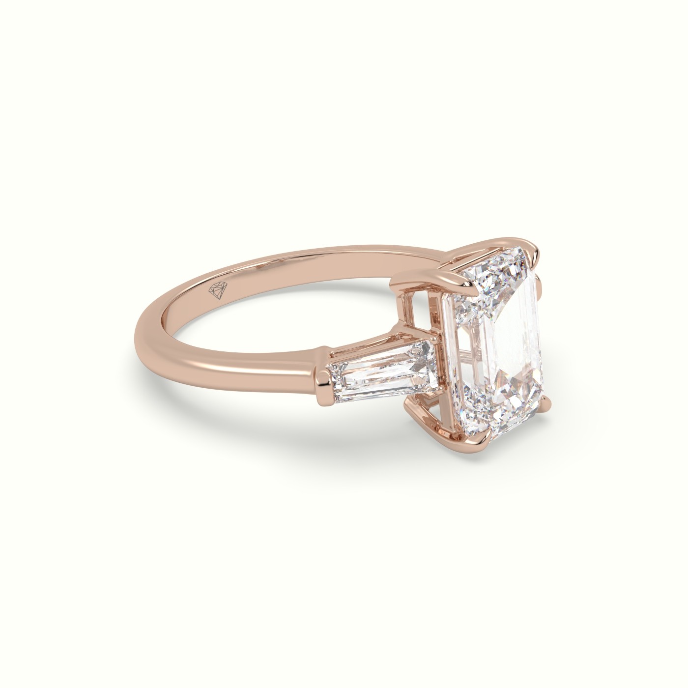 18K Rose Gold Emerald Cut Diamond Trilogy Engagement Ring