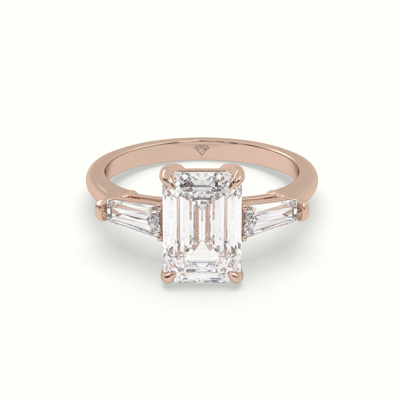 18K Rose Gold Emerald Cut Diamond Trilogy Engagement Ring