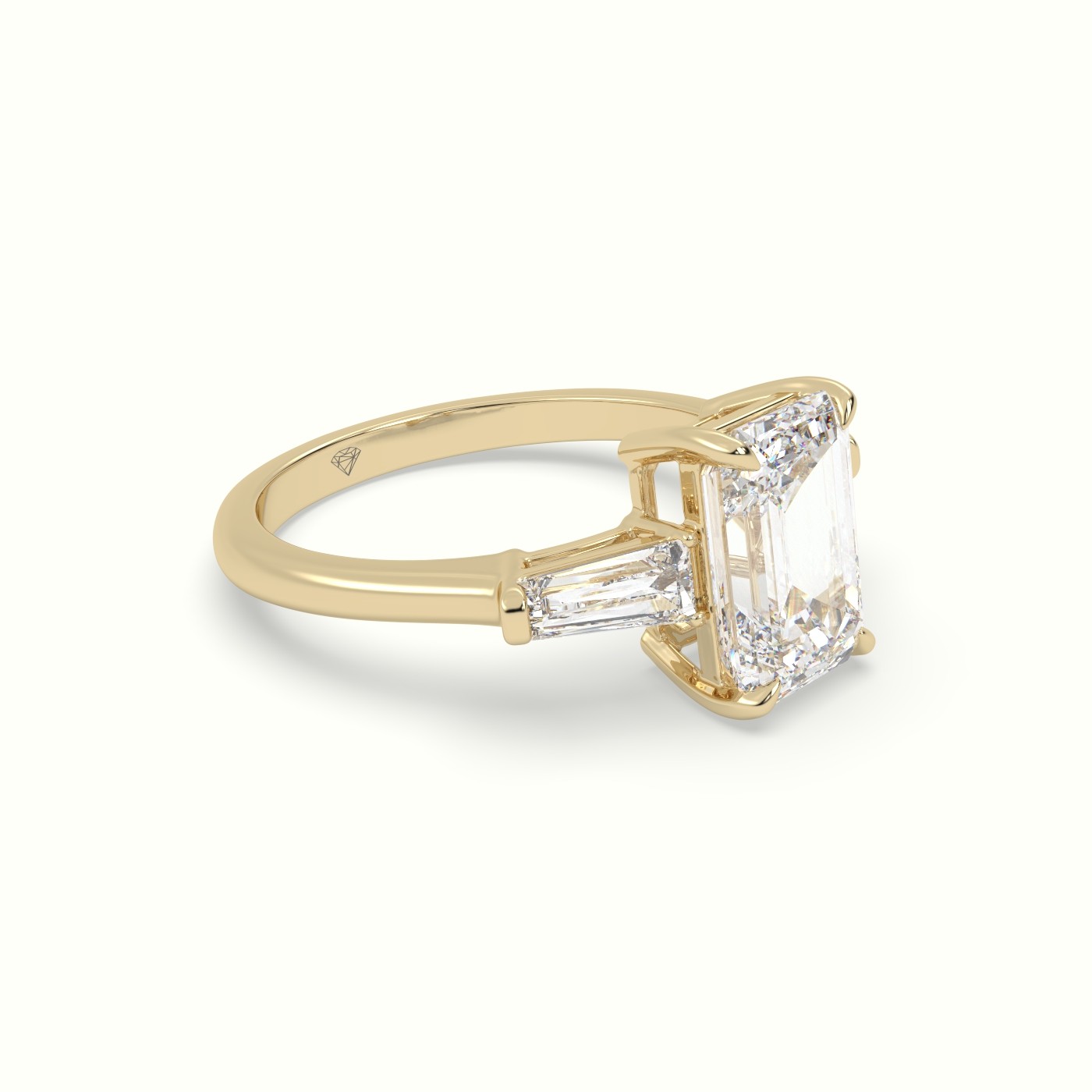 18K Yellow Gold Emerald Cut Diamond Trilogy Engagement Ring