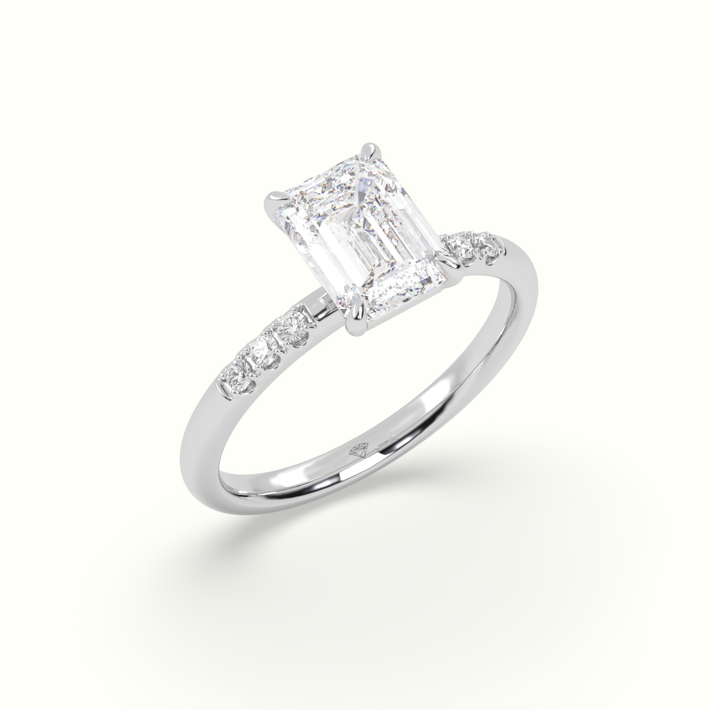 18K White Gold Emerald Cut Diamond Pave Engagement Ring